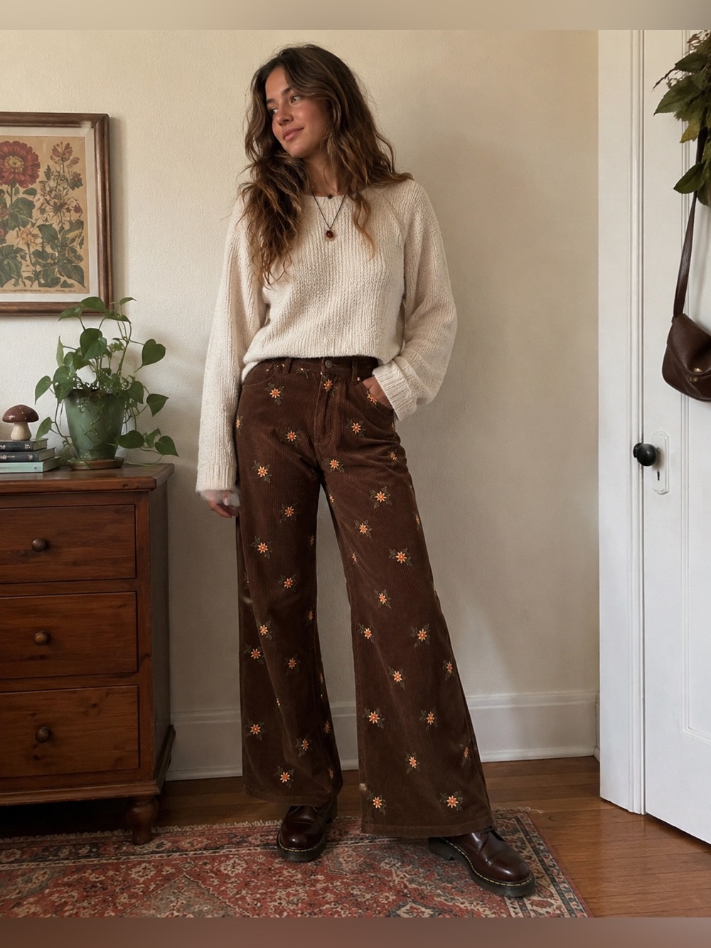 Vintage Brown Floral Embroidered Corduroy Pants XS Cottagecore Wide Leg